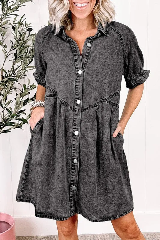 Women Ruffled Short Sleeve Buttoned Denim Dress