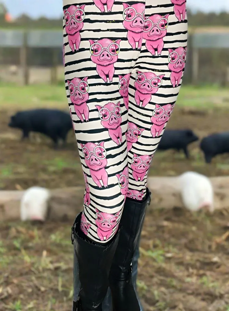 Womens Pig Leggings, Soft Yoga Pants, Sizes 0-20, Yoga Waist, Pink/White/Black, Exclusive Leggings